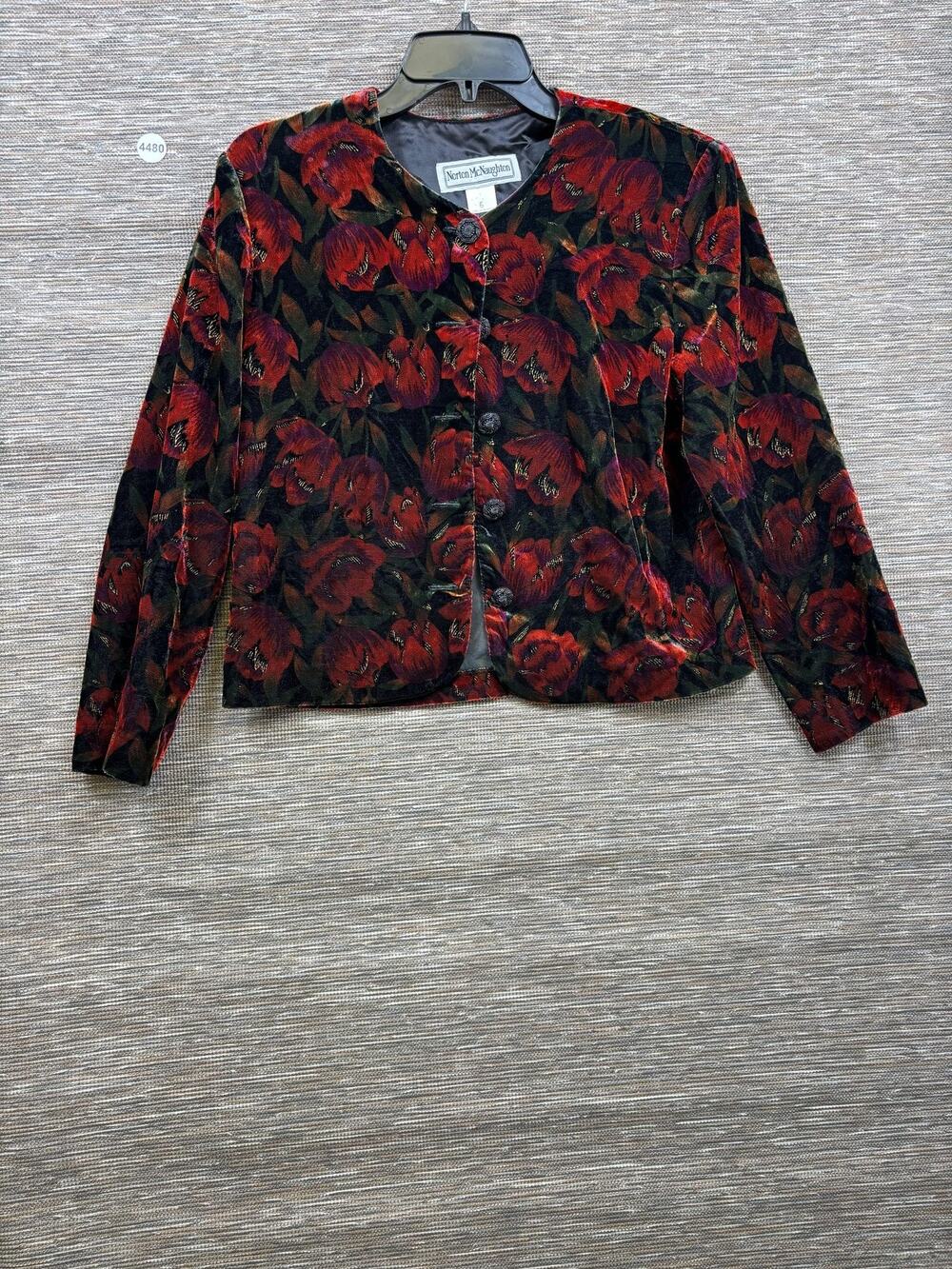 Vintage Norton McNaughton Blazer Jacket Womens 6 Red Floral Velvet Collarless
